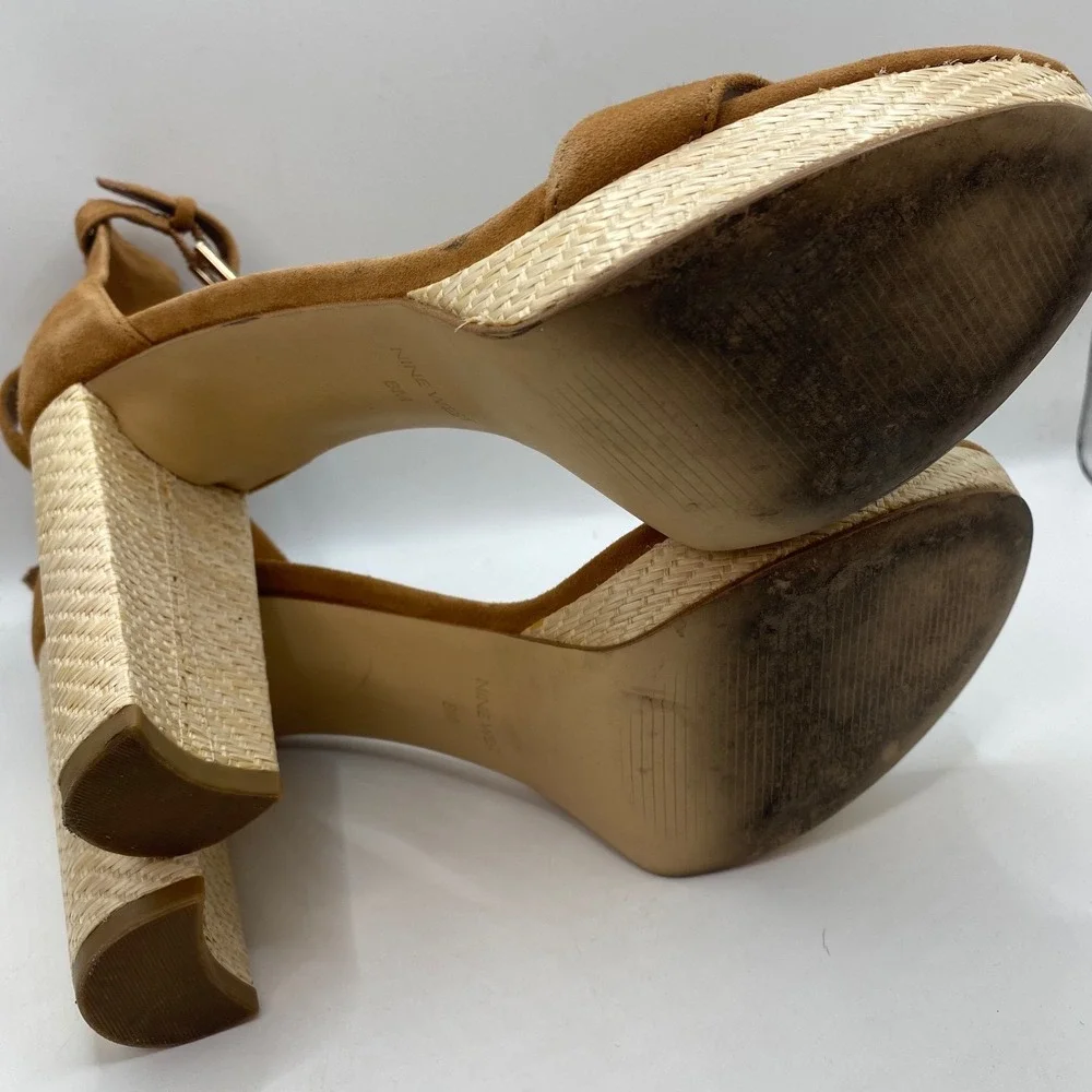 Nine West Womens Tan Suede Raffia Block Heel Platform Sandals Size‎ 8M Brown